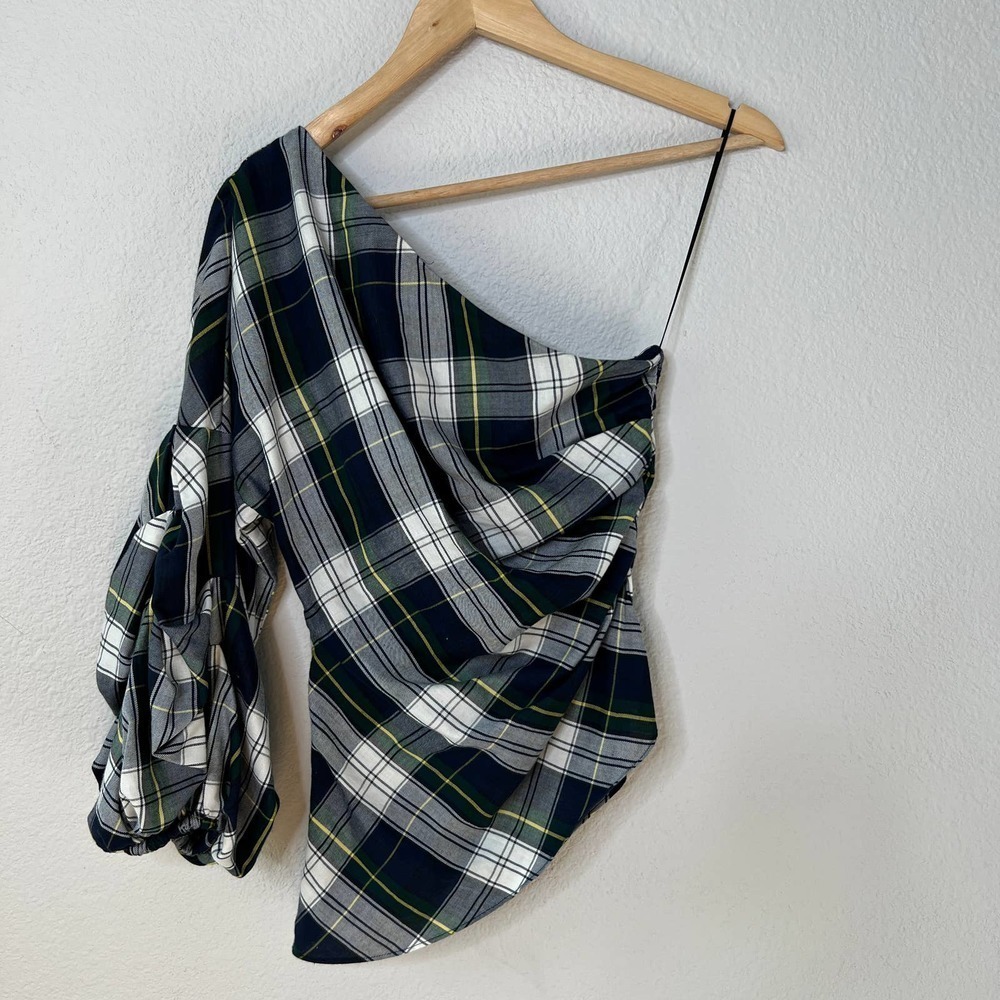 Petersyn Blue Green Plaid One Shoulder Ruffle Puff Sleeve Top - Picture 4 of 8